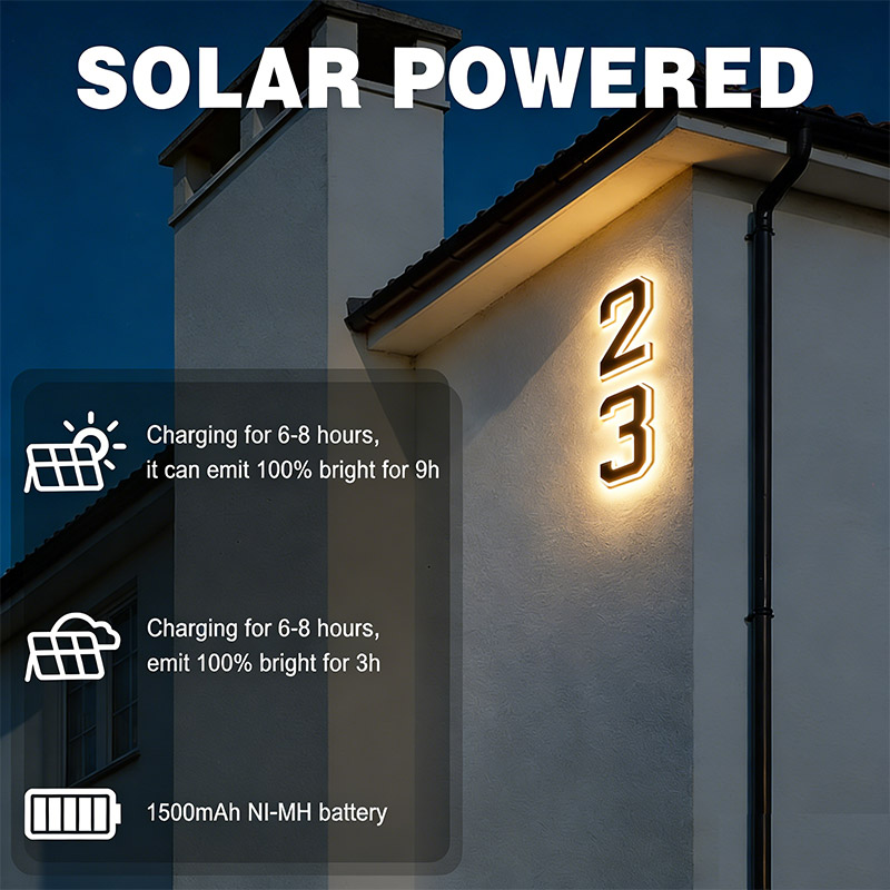 Outdoor Power Number - ソーラー式番号表示板、防水デジタル表札（DIY文字付き）、モダンな屋外壁掛けランプ（住所表示用）