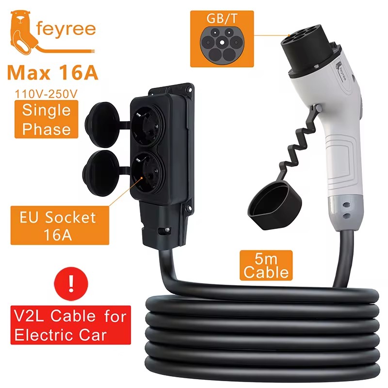Outdoor Power Adapter - Feyree V2Lケーブル放電プラグEV充電器GBTソケット16A充電ケーブル5m EUアダプター付き屋外電源ステーション電気自動車用