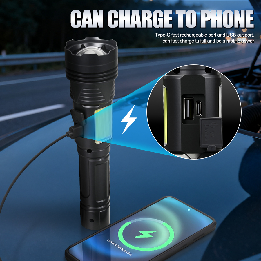 強力なLEDハンドヘルド懐中電灯USB充電式戦術ズームトーチ - Outdoor Usb Power Bank のレビューと価格